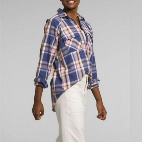 THE NORTH FACE BLUE/PURPLE PINK & YELLOW FLANNEL CAMP SHIRT SIZE MEDIUM - Picture 2 of 13